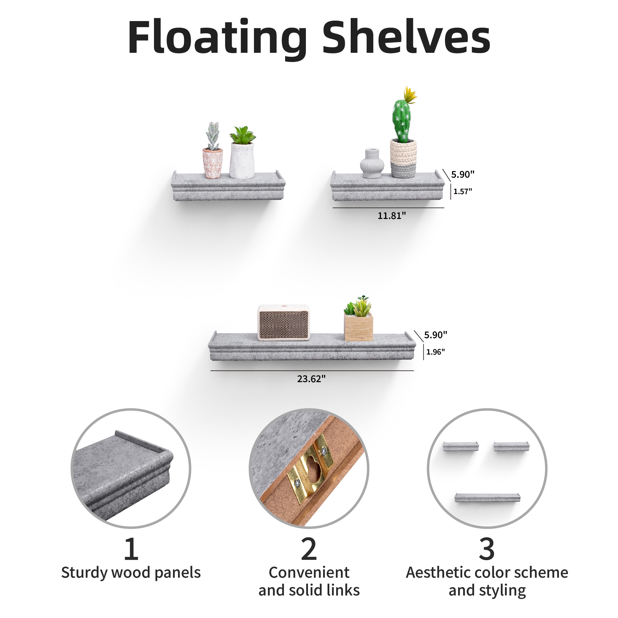 Floating Shelves 23.6" Wall Mounted Wood Shelves For Bathroom, Bedroom, Living Room, Kitchen, Hanging Shelf For Books/Storage/Decor With Invisible Brackets, Gray_voghion.com